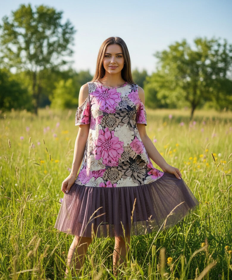 Kleita, rozā ziedi, M izm.