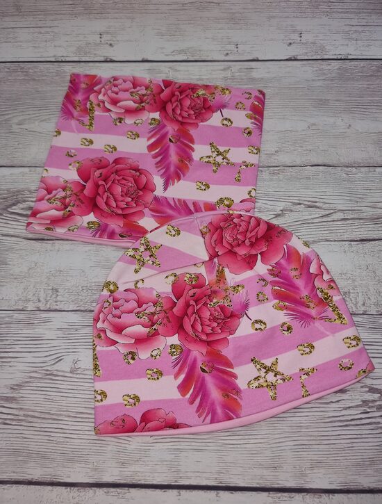 54-55cm, Cepure šalle-komplekts, Rozā Rozes