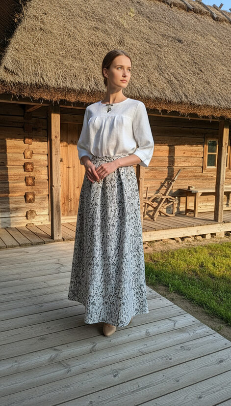 Gari lina svārki ar ziedu rakstu